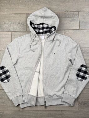 SUN68 Italy Men's Heather Gray Zip Hoodie Plaid Lining Elbow Patches L NWOT